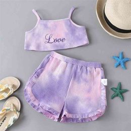 Summer Children Sets Cotton Strap Letter Tops Purple Tie-dye Ruffles Shorts 2Pcs Girls Boy Clothes Set 0-2T 210629