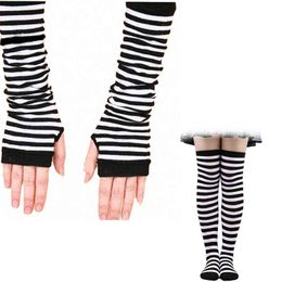 Women Girls Striped Gloves Sockings Warm Sleeves Funny Cosplay Over High Knee Long Socks Gothic Sweet Sexy Thigh High Sockings Y1119