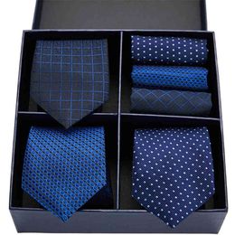 Dibangu Homme Soie Cravate Set Bleu Nouveauté Tissé Cravate Mouchoir Boutons de manchette 