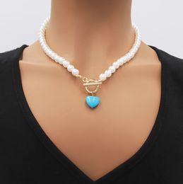 Imitation Pearl Heart Turquoise Stone Pendant Necklaces for Women Summer Chain Choker Necklace Bohemian Jewellery Gift