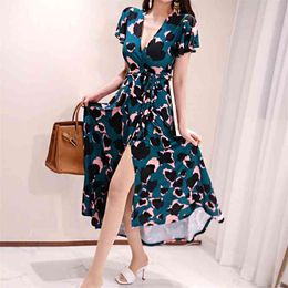 Summer style Korean fashion elegant atmosphere printing dress holiday beach skirt office for women dresses 210602