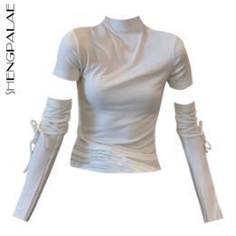 Minimalist Tops Women's Spring Stand Collor Bandage Long Sleeve Slim Fit Thin Solid Color T-shirt Female 210427