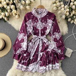 Spring Fashion Temperament Printing Vestidos Female Round Neck Puff Sleeve Lace-up Waist Slim Mini Dress C358 210507