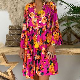 Floral Print Button Detail Tunic Loose Plus Size Women Tops Summer Casual V Neck Long Sleeve Blouse S-5XL Women Long Shirt 210721