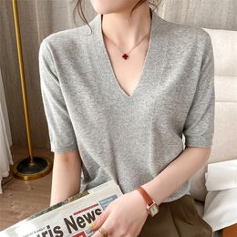 100% cotton thread low V-neck sweater loose plus size five-point short-sleeved summer top T-shirt 220307
