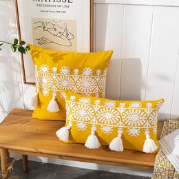 -Cojín / almohada decorativa tasel amarillo bordado funda de almohada nórdica algodón crochet cojín geométrico bordado grande colgante espiga decora