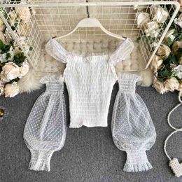 Women Slash Neck Hollow Sweet Mesh Long Sleeves Short Holiday Blouse Sexy Korean Fashion Clothing Shirts and Tops P508 210527