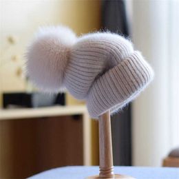 Hat Women Winter Angora Knit Real Fur Pompom Beanie Autumn Warm Skiing Accessory For Girl Teenagers Outdoors Luxury 211119