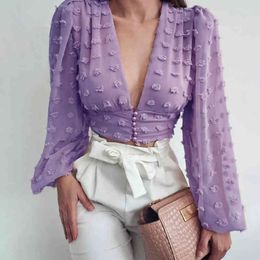 purple deep v neck blouse shirt women long lantern sleeve chic sexy shirt elegant fashion ladie spring autumn tops 210415