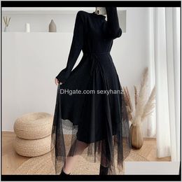 Tracksuits Womens Clothing Apparel Drop Delivery 2021 Winter 2 Piece Knit Set Sweater Women Knitted Mesh Dress Female Long Sleeve Vestidos Ca