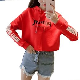 Red Sweatshirt Crop Top Hooded Pullover Loose Hoodie Letters Print High Street Short Jacket Coat Long Sleeve C79609 210421