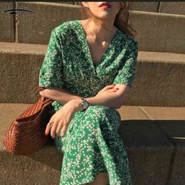 French Style Women Summer Elegant V Neck Little Flower Long Dress Green Short Sleeve High Waist A-line Midi Dresses 14542 210521