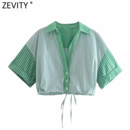 Women Fashion Patchwork Striped Print Short Smock Blouse Office Lady Hem Elastic Bow Shirts Chic Blusas Crop Tops LS9209 210416