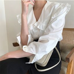 Casual Ruffles Tops Blouses Solid Chic Office Lady Gentle Shirts Vintage Women OL Elegance Loose All Match Clothe 210421