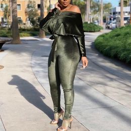 Women Sexy Stretch One Shoulder Velour Jumpsuits Long Bat Sleeve Solid Bodycon with belt Autumn Fashion Jumpsuit Streetwear 210416