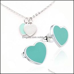 Earrings & Necklace Jewellery Sets Est Sier Gold Vintage Enamel Green Heart Charms And Earring Set Pendant Luxury Women Men Chain Stainless T