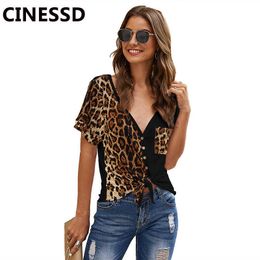 CINESSD Sexy V Neck Leopard Print Pocket Tshirt Women Tops Short Sleeves Cardigan Button Knotted Irregular Patchwork Tee Shirts X0628