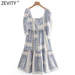 Zevity Women Vintage Square Collar Blue White Porcelain Print Pleat Ruffles Midi Dress Female Puff Sleeve Kimono Vestido DS8159 210603