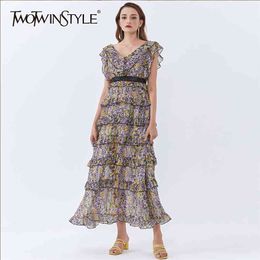 Spring Elegant Print Floral Dress For Women Sleeveless High Waist Ruffle Long Dresses Female Woemns Clothing 210520