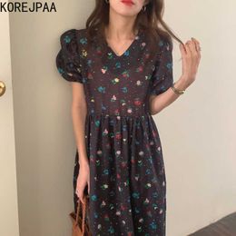 Korejpaa Women Dress Summer Korea Chic Fashion Retro Slim V-Collar High Waist Loose Floral Bubble Sleeve Long Ladies Dress 210526