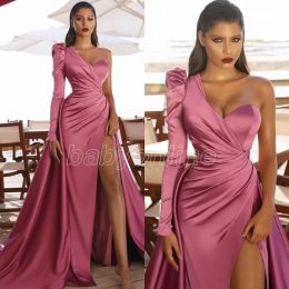 Pink Prom Dresses African Saudi Arabia Long Sleeves Women Formal Dress Mermaid High Split Celebrity Robe De Soiree Evening Wear CG001