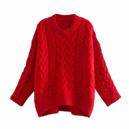 Autumn and Winter Retro Lazy Red Twist Knit Sweater Loose Round Neck Pullover All-Match Top 210521