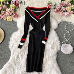 Striped Vestidos Knitted V Neck Korean Elegant Autumn Winter Long Dresses Sexy Fashion Sweater Dress Women 18725 210415