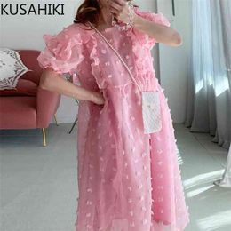 Sweet 3D Dot Woman Dress Ruffle Puff Sleeve Square Collar Dresses Korean Summer Vestidos De Mujer 6J641 210603
