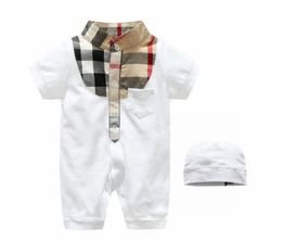 Lovely Summer Baby Plaid Rompers With Hats Infant Boys Girls Short Sleeve Jumpsuits Toddler Newborns Onesies Kids Romper 0-24 Months