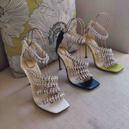 Fashion Sandals Square Toe Fish Mouth Stiletto Crystal Rhinestone Chain Strap High Heels 8.5cm