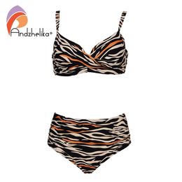 Andzhelika Zebra Stripe High-Waisted Bikini Sets Women Heart Neck Two Pieces Swimsuits Push Up Sexy Beach Bathing Suits 210621