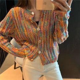 Women's Cardigan Jacket Rainbow Outerwear Sweater Korean Loose Knit Top Spring Wild Lazy PL161 210506
