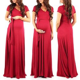 Maternity Dresses Solid Colour Women Pregnant Sashes Sundress Clothes For Pregnancy Birthday Party Evening Long Dresses Summer Q0713