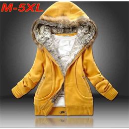 Plus size 5XL Wholesale Winter Coat Sweatshirt Hoodies Fur Hooded Outwear Women Clothing Cardigans Thick Jacket C5410 210421