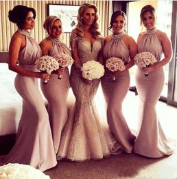 2021 Halter Maid Of Honor Dresses Elastic Satin Country Mermaid Bridesmaid Dress Sexy Sleeveless Custom Made Gowns