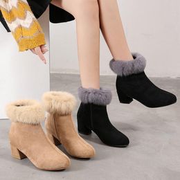 Boots Women Ankle Winter Plus Velvet Warm Shoes Trendy Pointed Toe High Heels Side Zipper Female Black Booties Botas Mujer