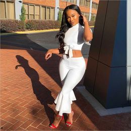 White Two Piece Set Women 2020 Summer Outfits Short Sleeve Bow Tie Up Top and Cropped Flare Pants Suit Fashion Sexy Women Sets Y0625