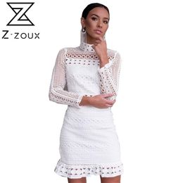 Women Dress Stand Collar Ruffle Hem White Lace es Hollow Out Long Sleeve Sexy Plus Size Bohemian es 210513