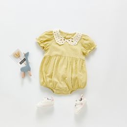 2021 INS baby kids climbing romper Short Sleeve Solid Colour Hollow Out Pet Pan Collar Rompers 100% cotton Summer Girl Infant Clothes 0-2T