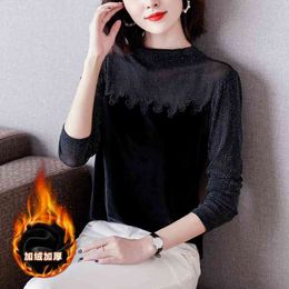 Blusa Spring High-collar Velvet Stitching Mesh Chiffon Shirt Women Top Sexy black blouse Blouse shirt 902A 210420