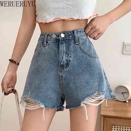 WERUERUYU Women Denim Shorts Female A Line Hole Ripped High Waist Jean Short Korean Loose Tassel Blue Shorts Summer Denim Hole 210608