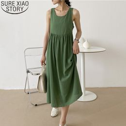 Women Summer Dresses Solid Green Casual Backless Lace-Up Bow Strap O-neck Sleeveless Pleated Long Dress 10133 210417