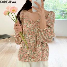Korejpaa Women Shirt Spring Summer Korean Fashion Gentle Sweet Elegant V-neck Design Loose Flowers Long-sleeved Blouses Top 210526