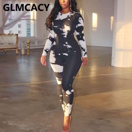 Women Long Sleeve Tie Dye Skinny Jumpsuits Sexy Slinky Chic Streetwear Jumpsuit 210702