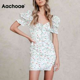 Sweet Floral Print Mini Women Bow Tie Sexy Split Bodycon Dress Ladies Puff Short Sleeve Chic Party Dresses 210413