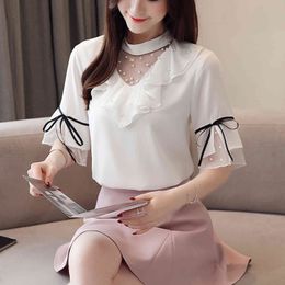 Fashion Women Chiffon Women's And Blouse V-neck Ladies Shirts White Shirt Plus Size Tops Solid 3415 50 210415