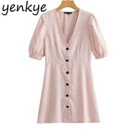 Vintage Front Button Solid Colour Dress Women V Neck Short Sleeve A-line Slim Elegant Female Summer Casual robe 210514