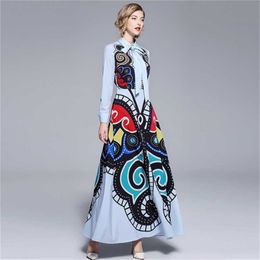 Spring Summer Runway Dress Vestidos Mexican Women Elegant Long Sleeve Vintage Geometric Print Belt Pleated Maxi 210525256G