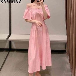 Rustic dress pink linen blend Wide elastic neckline Short ruffled sleeves midi Vintage Solid Sexy Off Shoulder Dress 210520