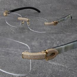 Wholesale New Black Mix White Buffalo Horn Frames Eyewear Rimless Micro-paved Diamond set Glasses male and female 18K gold frame glasses Unisex Eyeglasses Size:57-18